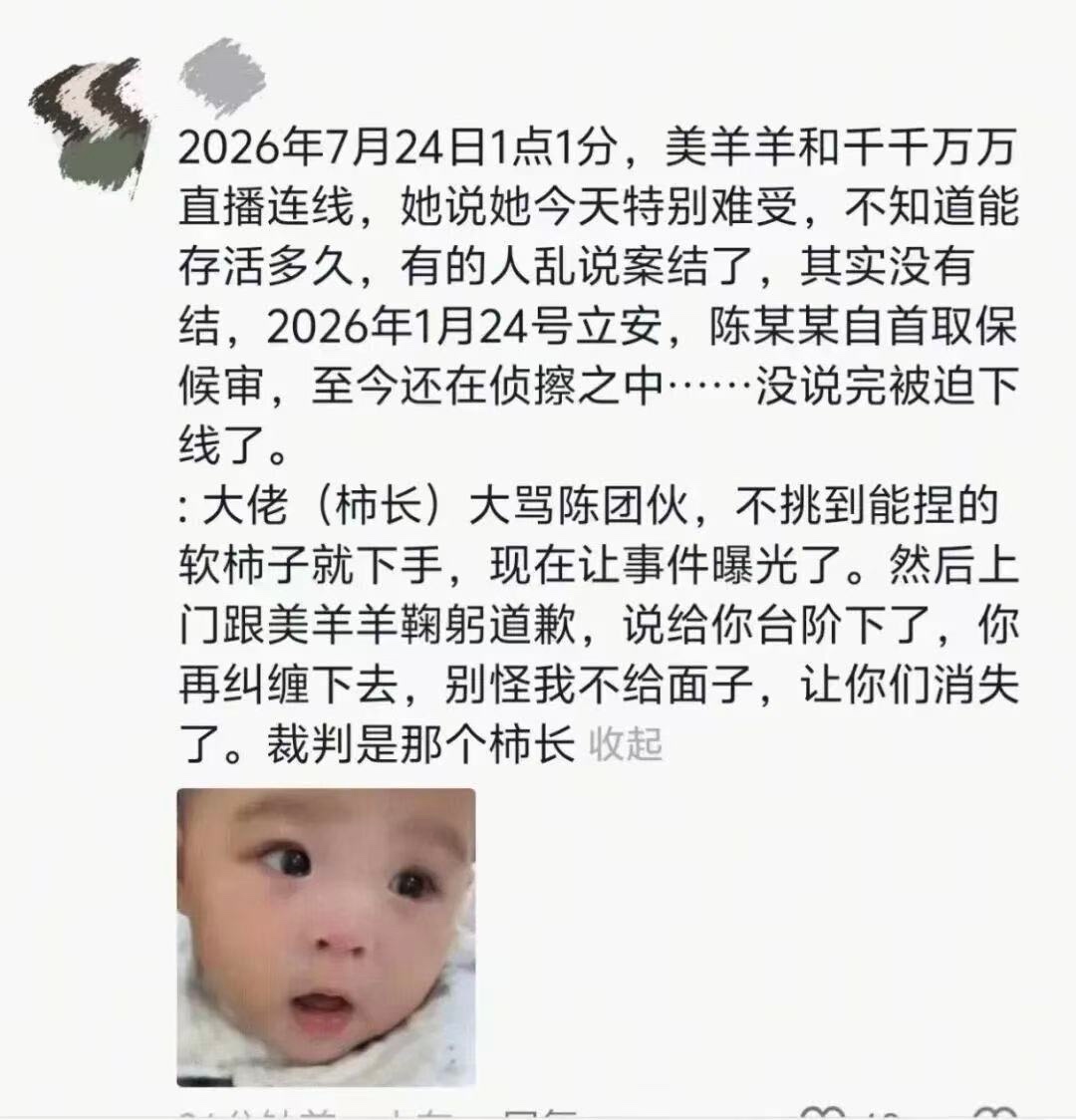 网友记录7月24日凌晨直播连线的截图：妈妈说案子没结，话没说完被迫下线