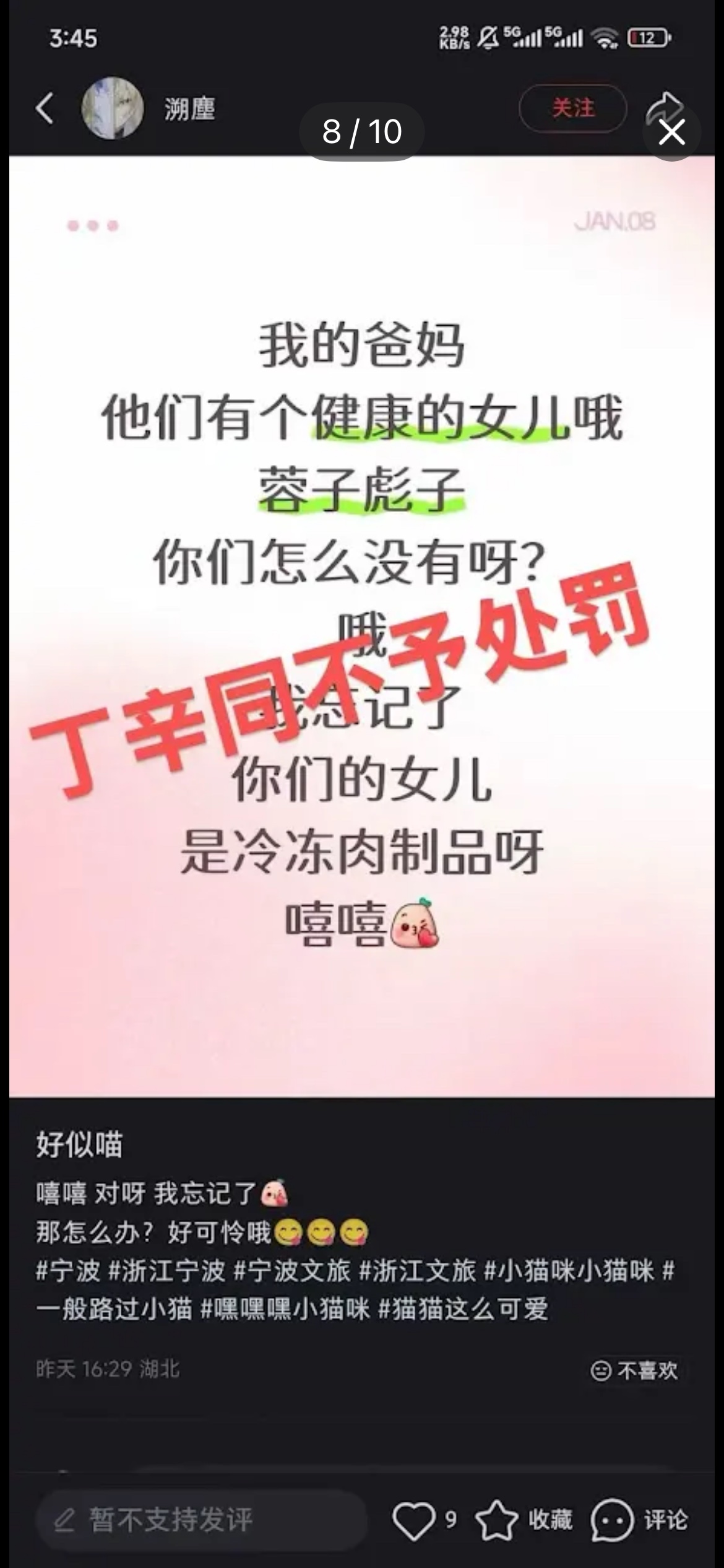 社交平台帖子截图：内容以嘲讽口吻称对方的女儿是冷冻肉制品，帖上有红字标注丁辛同不予处罚